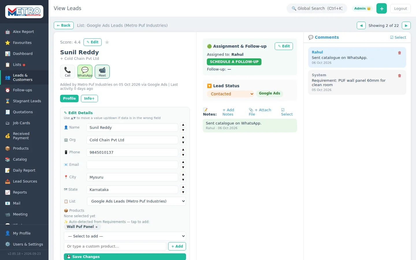 Single lead view with notes timeline