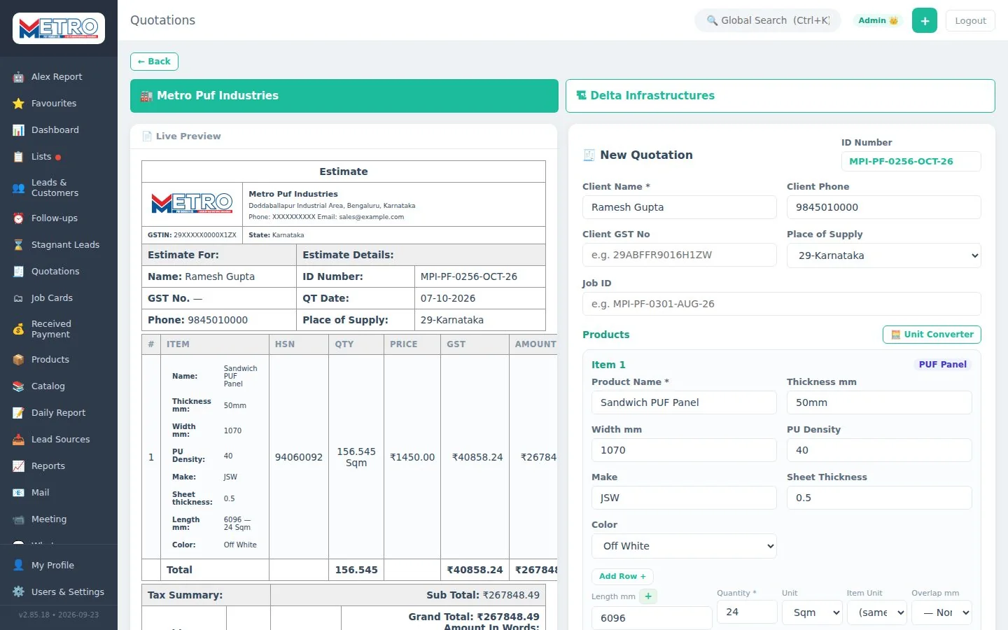 Quotation builder with live preview