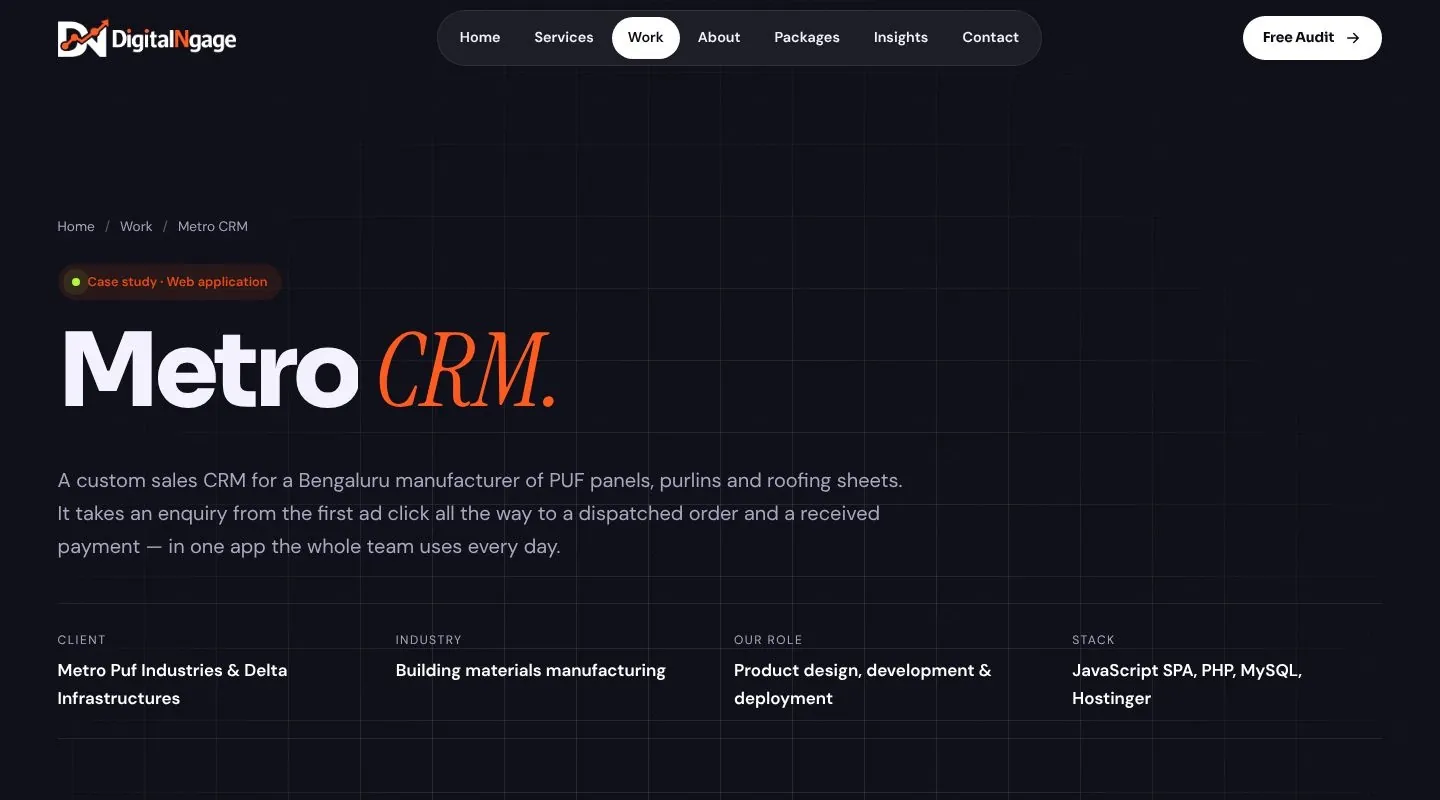 Metro CRM case study page on the DigitalNgage site