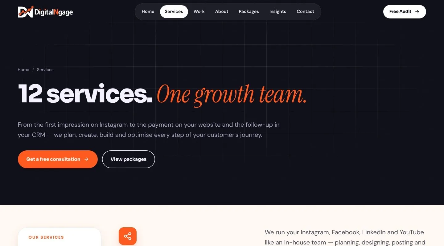 Services page hero: 12 services, one growth team