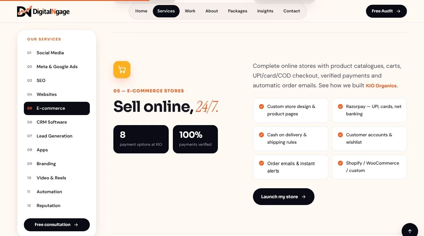 Services page with a sticky left sidebar