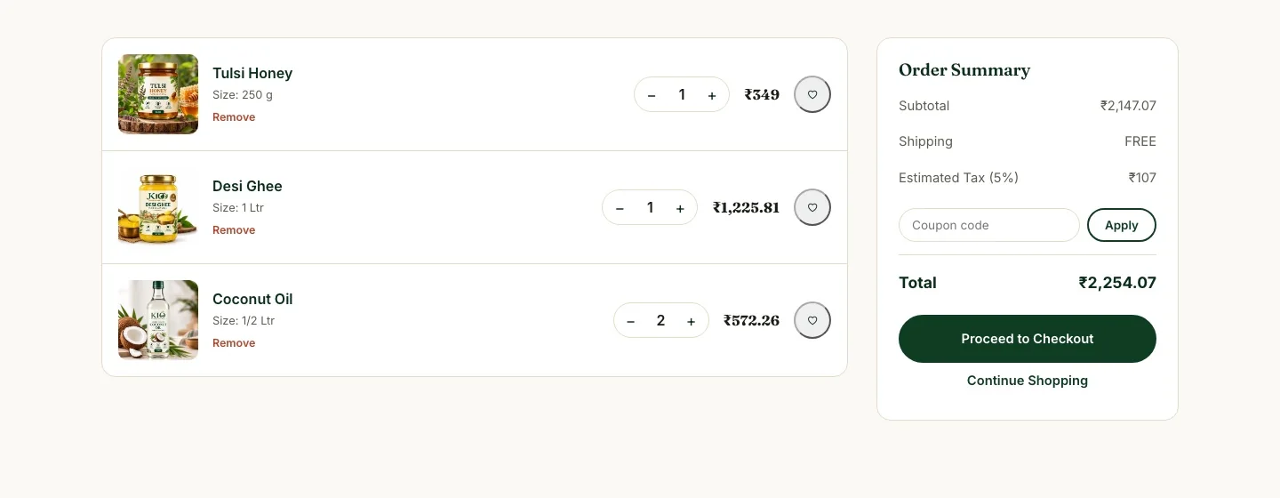 Cart with three products and an order summary
