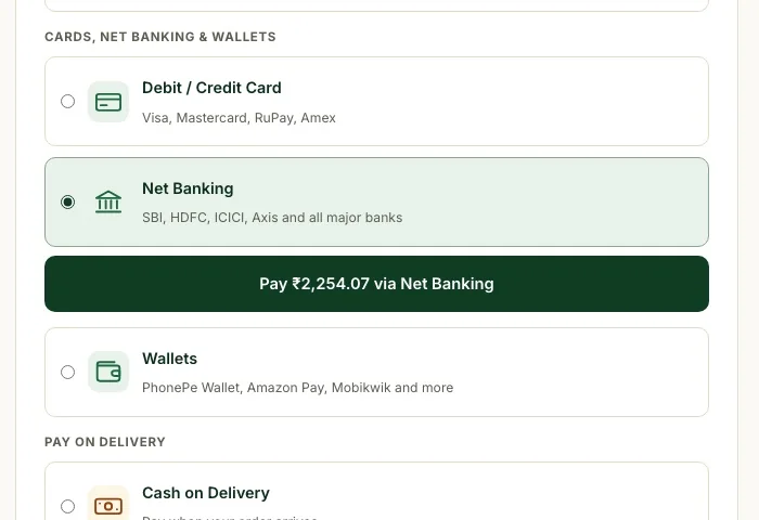 Net banking selected with the Pay button moved under it