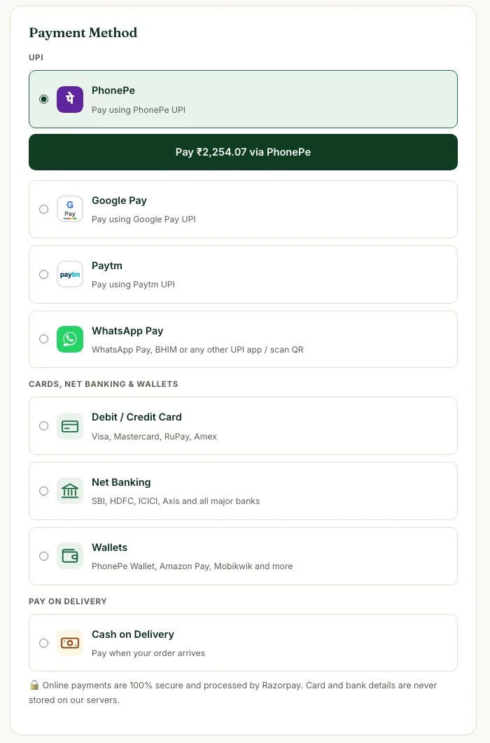 Payment method list with PhonePe selected and the Pay button right under it