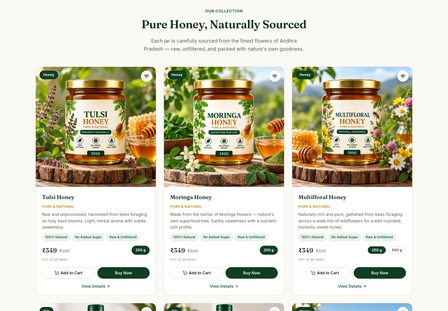 Grid of KIO product cards: Tulsi, Moringa and Multifloral Honey
