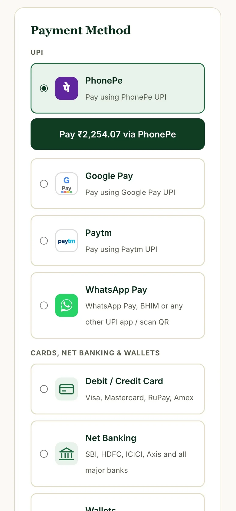 Payment options on a phone