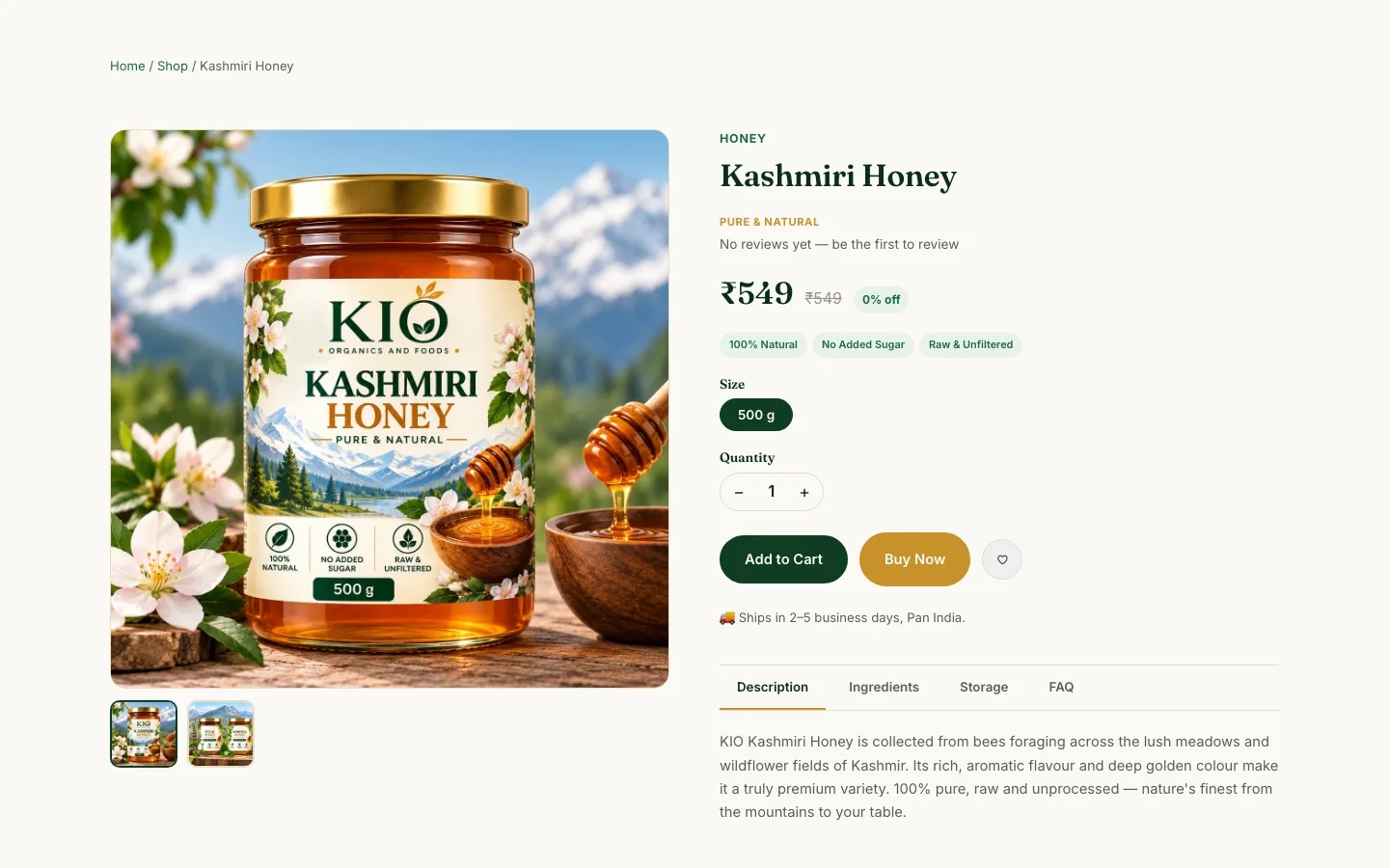 Kashmiri Honey product page with image, price, size, quantity and buy buttons