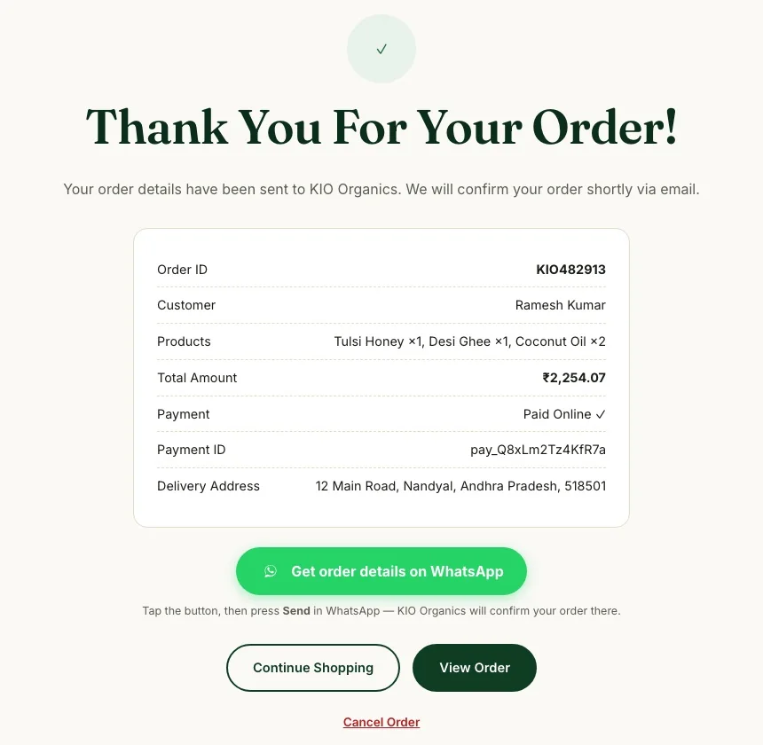 Order confirmed page with order details and Paid Online