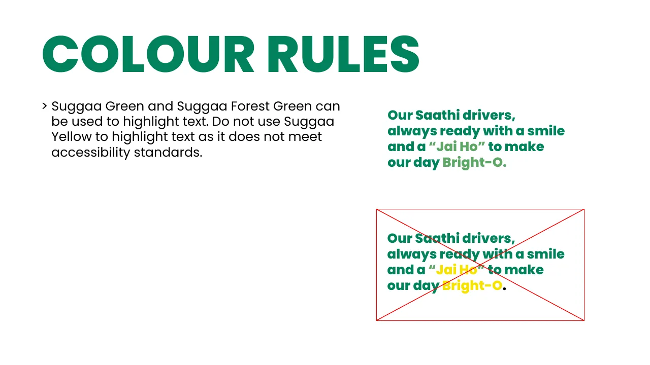 Suggaa brand guidelines page 44: Colour rules