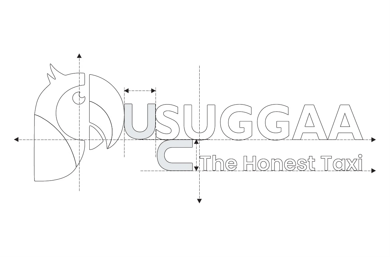 Construction drawing of the horizontal Suggaa logo with U-based spacing