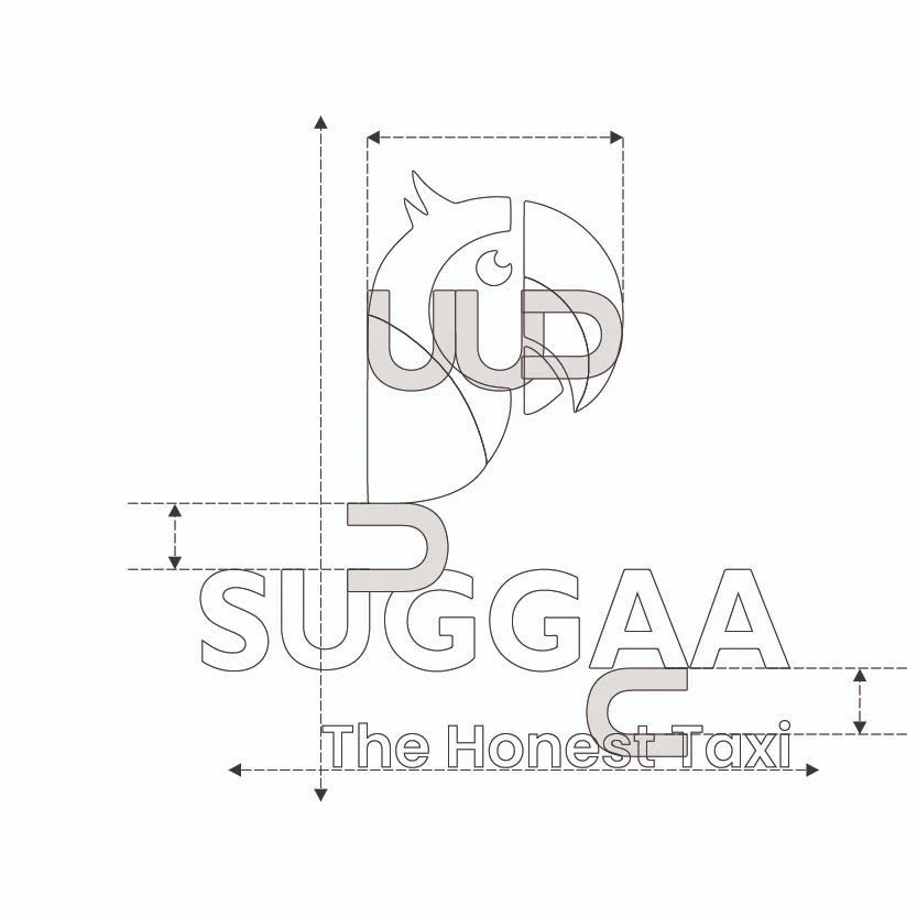Construction drawing of the vertical Suggaa logo built from U shapes